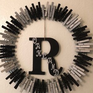 Black and Gray Clothespin Wreath with Letter R